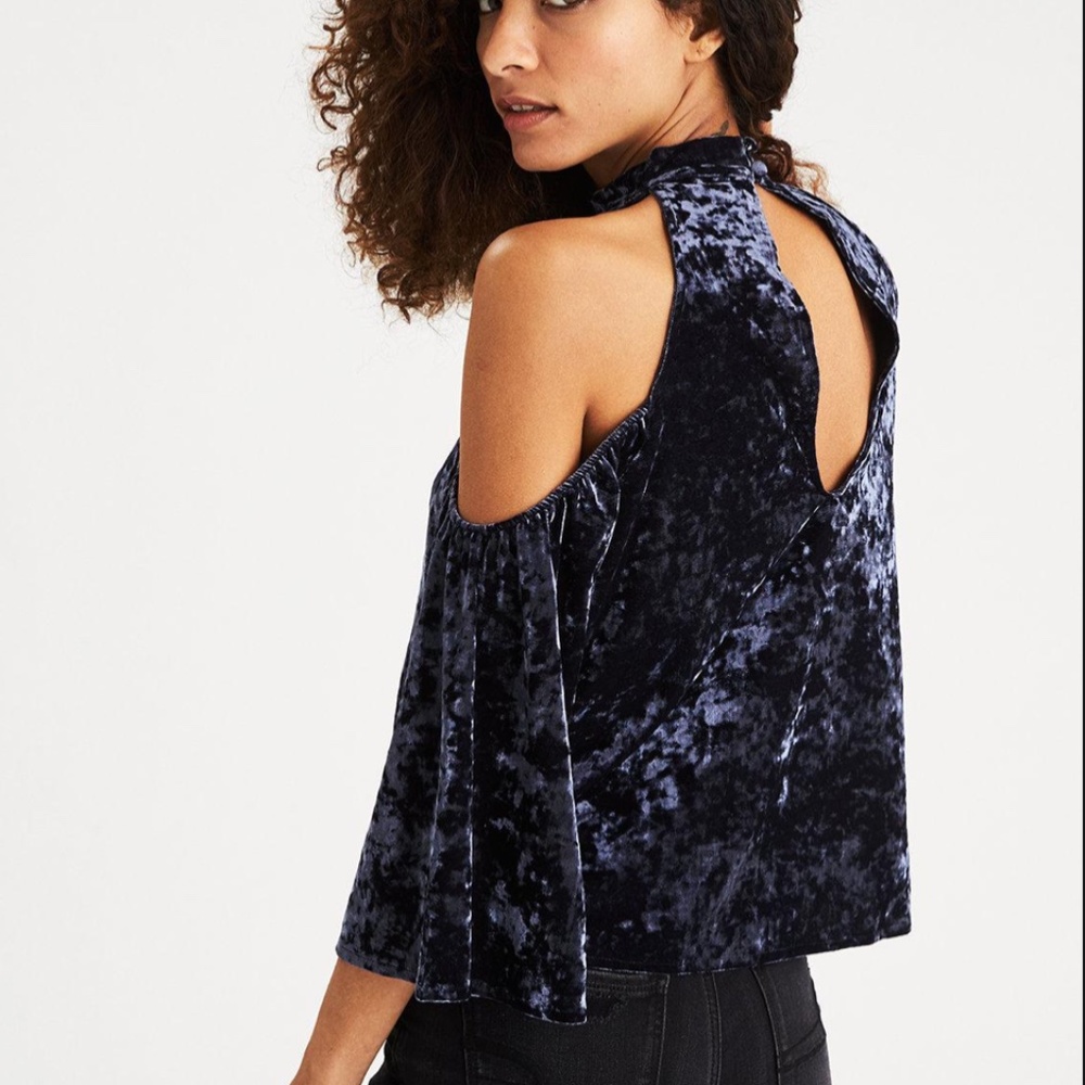 AE Crushed Velvet Cold Shoulder Navy Blue Top NWOT